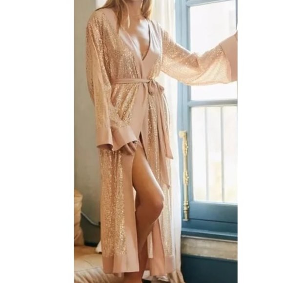 Sequin Satin Robe Belted Pink by Anthropologie